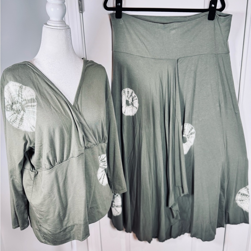 Soft Surroundings Tall XL Boho Wrap Midi Skirt Set Green USA Art to Wear Travel